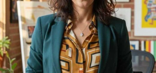 Professional woman standing in a creative office, wearing a teal blazer and patterned mustard blouse, hands clasped.