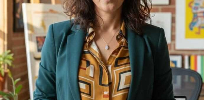 Professional woman standing in a creative office, wearing a teal blazer and patterned mustard blouse, hands clasped.