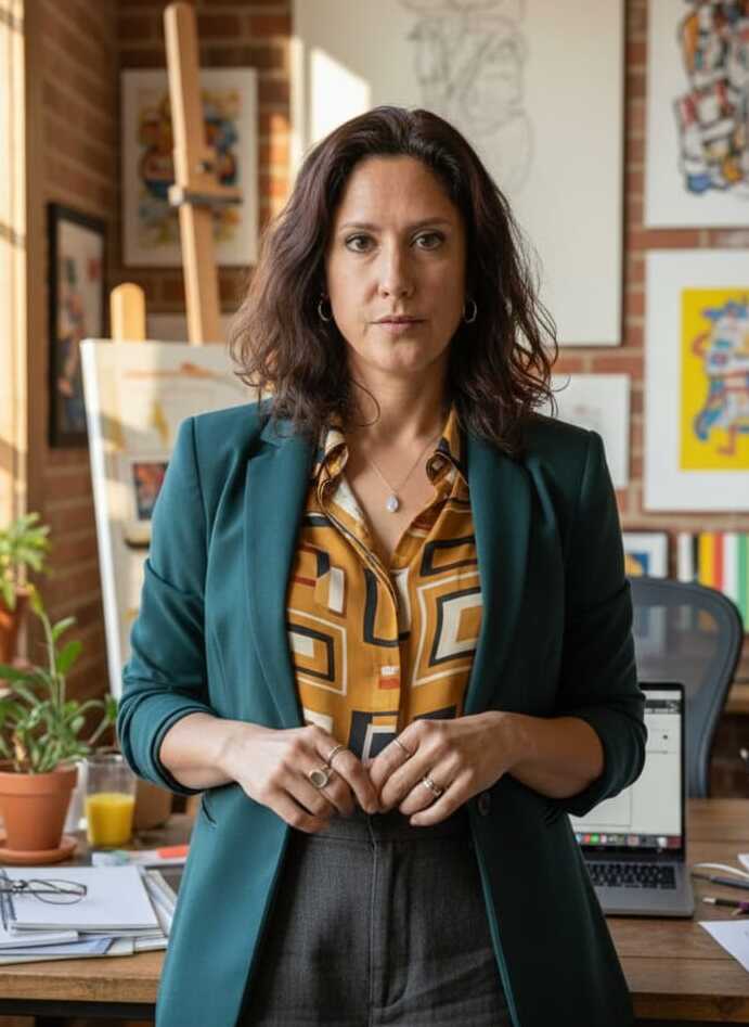 Professional woman standing in a creative office, wearing a teal blazer and patterned mustard blouse, hands clasped.