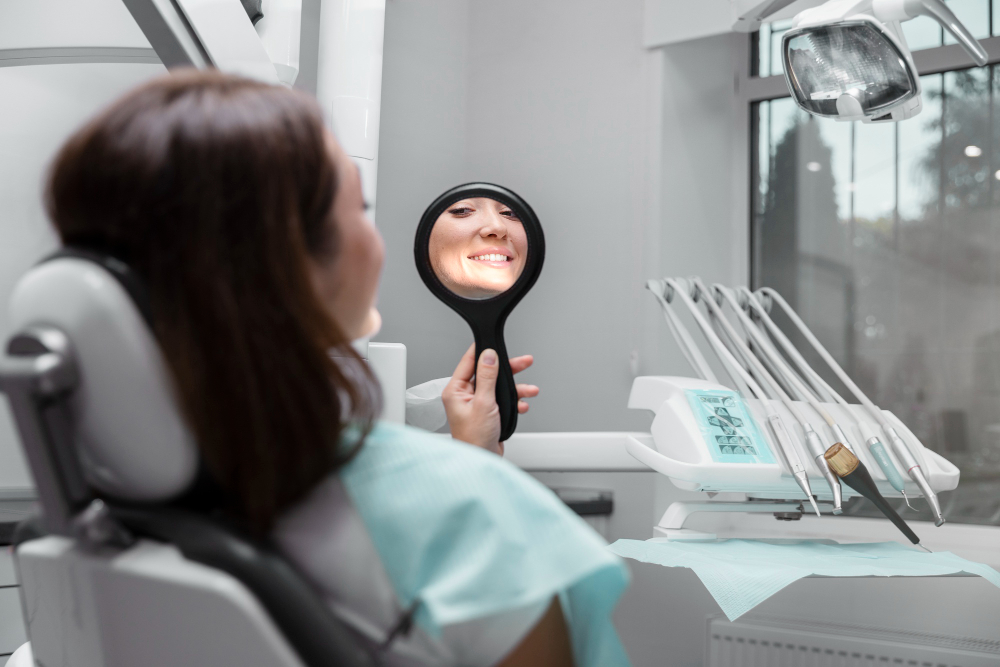 Patient in a dental chair holds a handheld mirror and smiles at her reflection during a checkup, with dental tools on a tray nearby.