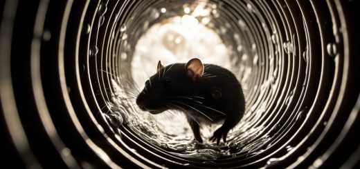 Mouse inside a ribbed metal tunnel, silhouette highlighted by backlight in a circular passage.