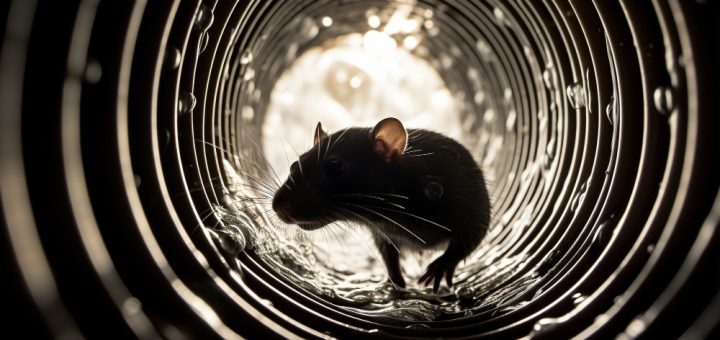 Mouse inside a ribbed metal tunnel, silhouette highlighted by backlight in a circular passage.