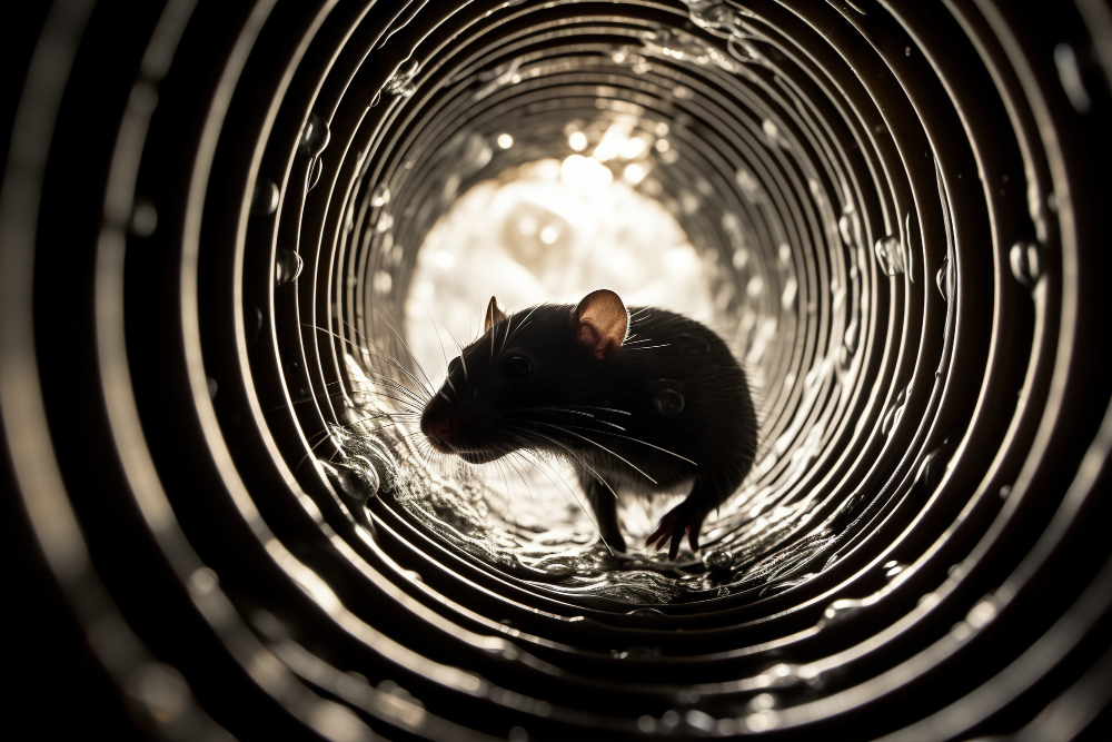 772045 - Pest Consulting | SoloSalud.net Mouse inside a ribbed metal tunnel, silhouette highlighted by backlight in a circular passage.