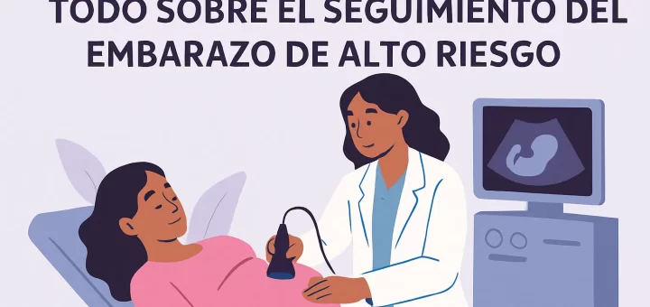 Ilustración de una doctora realizando un ultrasonido a una mujer embarazada para un blog sobre embarazo de alto riesgo.