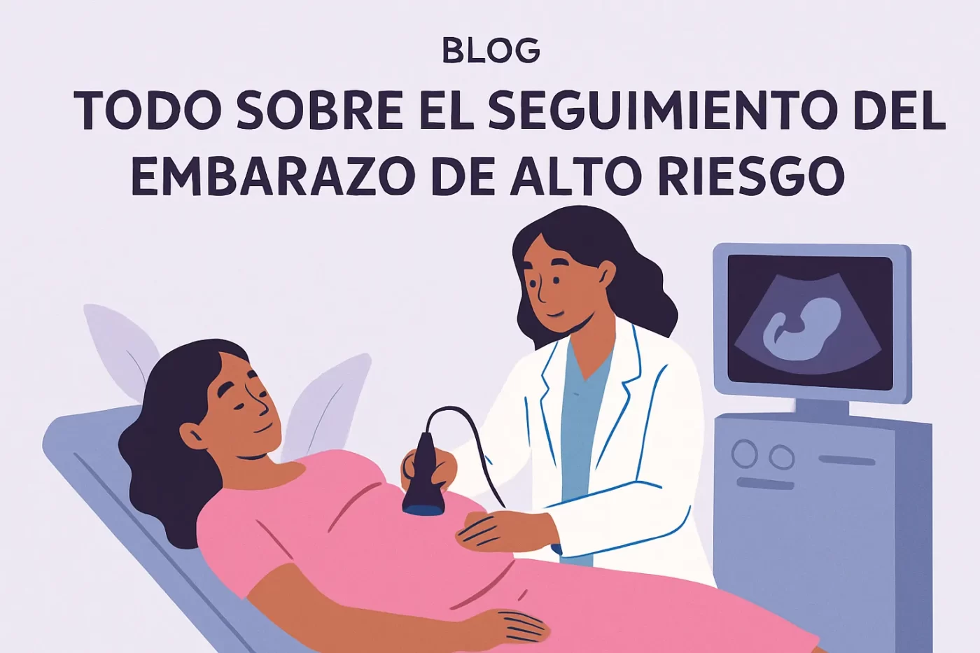 Todo-sobre-el-seguimiento-del-embarazo-de-alto-riesgo | SoloSalud.net Ilustración de una doctora realizando un ultrasonido a una mujer embarazada para un blog sobre embarazo de alto riesgo.