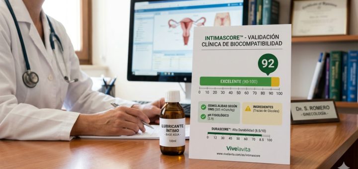 Doctor in a white coat with a stethoscope sits at a desk writing, with a bottle labeled 'Lubricante íntimo' beside him and a computer monitor displaying medical software and an INTIMASCORE chart showing a score of 92 (Excelente).