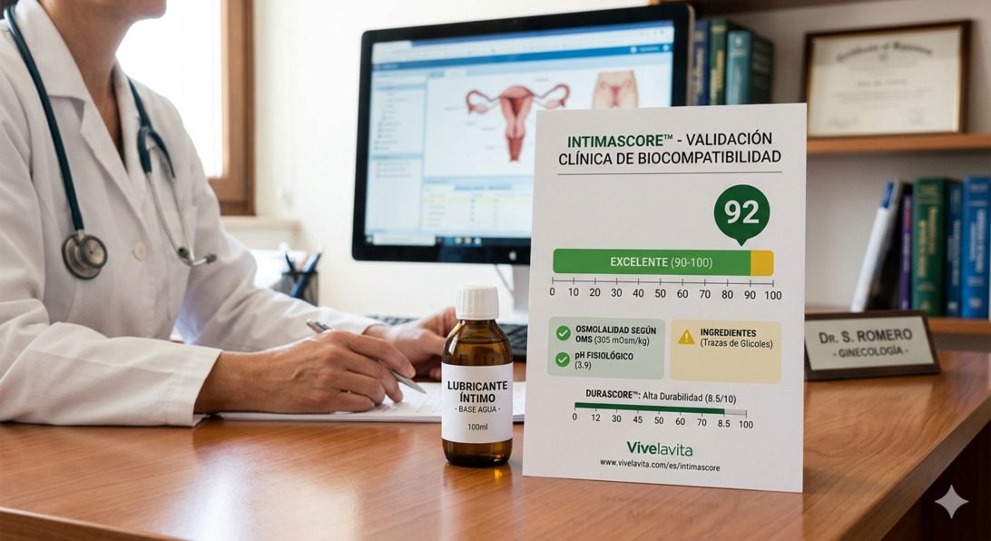 Doctor in a white coat with a stethoscope sits at a desk writing, with a bottle labeled 'Lubricante íntimo' beside him and a computer monitor displaying medical software and an INTIMASCORE chart showing a score of 92 (Excelente).