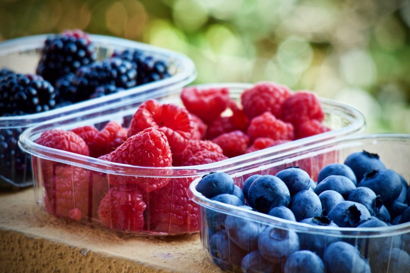 777970 - Doctor Pedro García Avolio | SoloSalud.net Assorted berries in clear containers: red raspberries, blueberries, and dark blackberries outdoors with a blurred green background.
