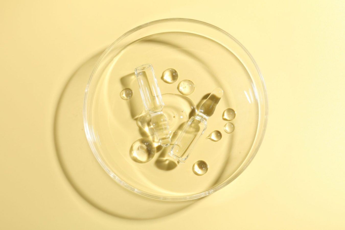 Glass ampoules with liquid and Petri dish on yellow background top view | SoloSalud.net Clear glass ampoules in a shallow dish with yellow background, likely cosmetic serum bottles.