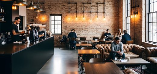 Cozy modern cafe with an exposed brick wall, warm pendant lights, and customers at tables and on a leather sofa reading or working.