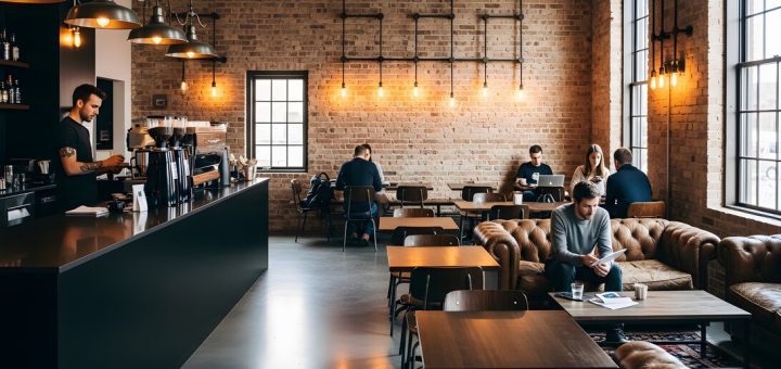 Cozy modern cafe with an exposed brick wall, warm pendant lights, and customers at tables and on a leather sofa reading or working.