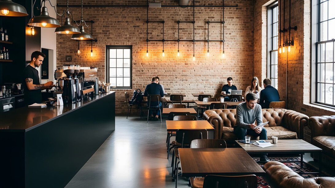 Group of business people having a meeting in a modern coffee shop | SoloSalud.net Cozy modern cafe with an exposed brick wall, warm pendant lights, and customers at tables and on a leather sofa reading or working.