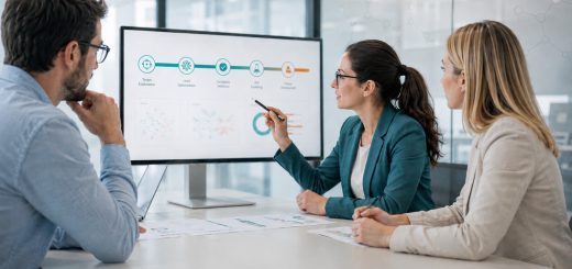 Three colleagues discuss a workflow diagram shown on a large computer monitor, with one person pointing at the screen.