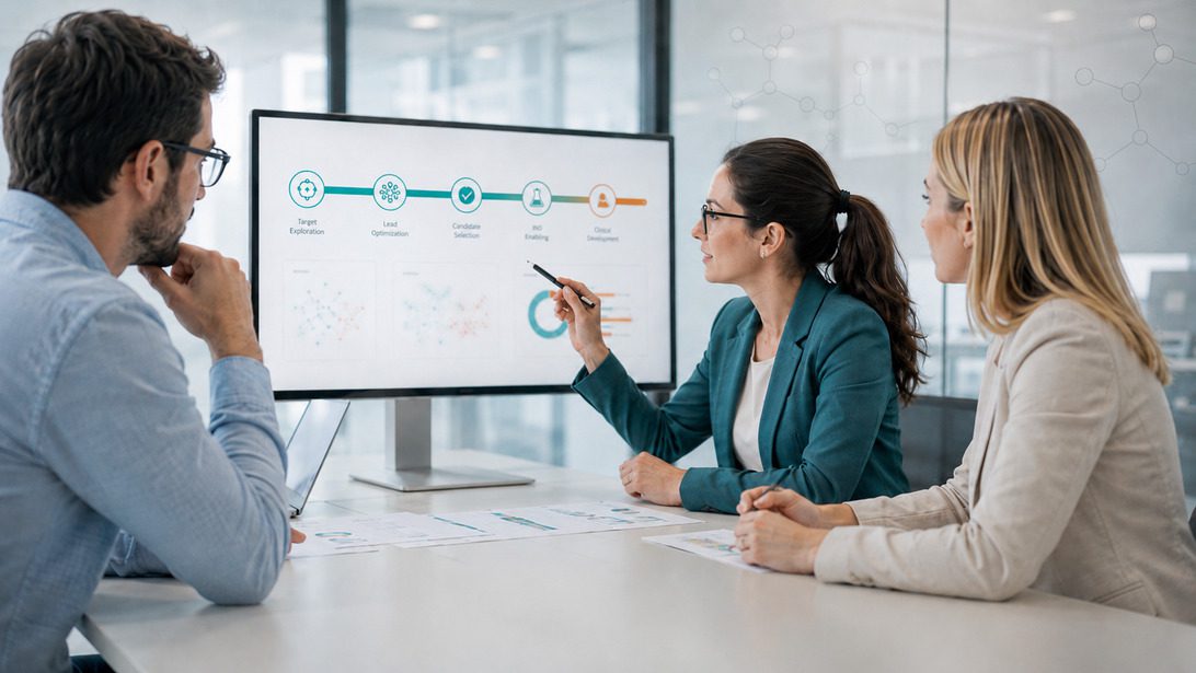 Vivotecnia - desarrollo medicamento - IP | SoloSalud.net Three colleagues discuss a workflow diagram shown on a large computer monitor, with one person pointing at the screen.